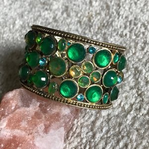 Vintage Statement Brass Cuff Bracelet Sea Color Glass‎ Cabochons